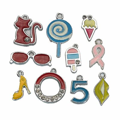 #ad 10 Assorted Silver Enamel Charms Pendants Tags Bracelets Necklace Key Ring $3.32