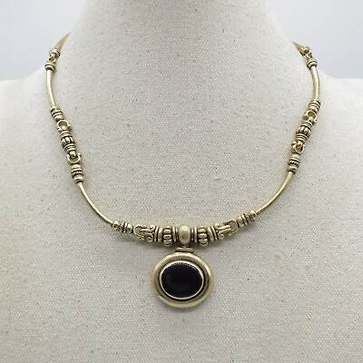#ad Vintage Black Enamel Pendant Necklace 17quot; Gold Tone Etruscan Style $28.49