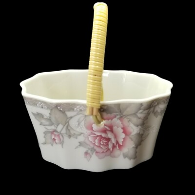 #ad Basket Rose Print Fine Porcelian with Handle Trinket Bowl Jewelry Dish Japan VTG $12.99