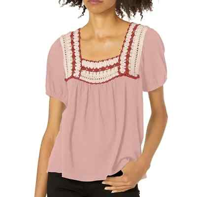 #ad Lucky Brand Peasant Top Womens Size XL Pink Boho Chic Crochet Square Neck Hippie $26.48