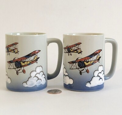#ad Set 2 Vintage Otagiri Japan Biplane Airplane Aviation Ceramic Mugs $18.99