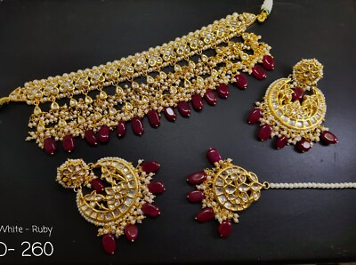 Heavy Kundan Meena White Ruby Jewelry Set Necklace Earrings Tikka Meena Pearls $63.35