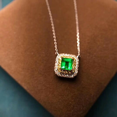 #ad 14K Two Tone Gold Finish 2.00Ct Emerald Cut Green Emerald Double Halo Pendant $139.71