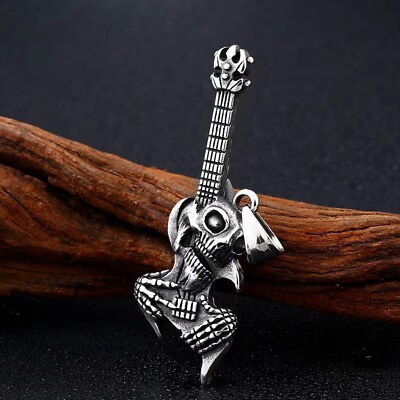 #ad Mens Punk Skull Guitar Pendant Necklace Gothic Retro Rock Jewelry Box Chain 24quot; $11.99