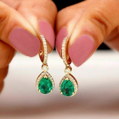 #ad 4Ct Pear Teardrop Green Emerald Drop amp; Dangle Fine Earrings 14K Yellow Gold Over $140.00
