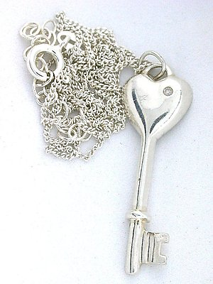 #ad 1 3 10 x 2 5 Inch Key To My Heart Sterling Silver CZ Pendant 18 Inch Chain 7871 $30.86