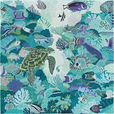 #ad Hermes Mousseline Silk Shawl Scarf Under The Waves Sky Turquoise Chiffon New 140 $1558.00