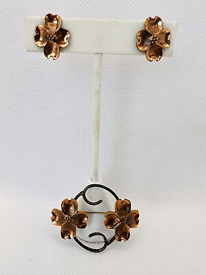 #ad Vintage Stewart NYE Sterling COPPER Dogwood Flower Scroll Brooch Earrings Set $29.99