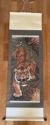 #ad China 1960s Hanging Scroll Painting of tiger 174*53cm $49.99