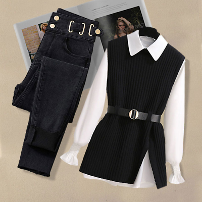 #ad Women New Korean Fashion Knitted Vest Shirt Casual Slim Jeans Three Piece Set $78.83