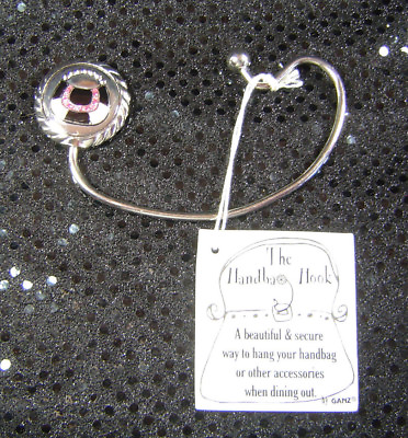 Purse Hook Silver Tone Pink Black Enamel Bag Rhinestones Ganz Handbag BLING Gift $11.99