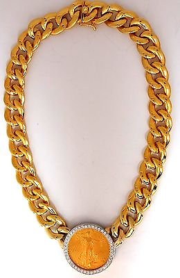 #ad 1908 LIBERTY FINE GOLD COIN 2.00CT DIAMONDS CUBAN LINK NECKLACE HUGE $15000.00