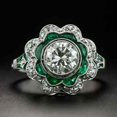 #ad Art Deco Vintage Style 2Ct Lab Created Diamond amp; Emerald Engagement Silver Ring $86.00