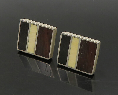 #ad 925 Sterling Silver Vintage Inlaid Wood Heavy Square Cufflinks TR3138 $133.45