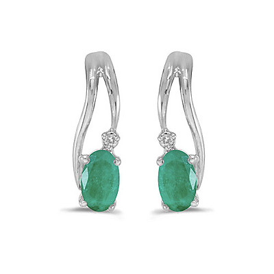 #ad 14k White Gold Oval Emerald And Diamond Wave Earrings $207.95
