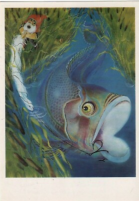 #ad 1986 Fairy Tale Girls Belyanochka amp; Rosochka Fish gnome ELF RUSSIAN POSTCARD Old $7.50