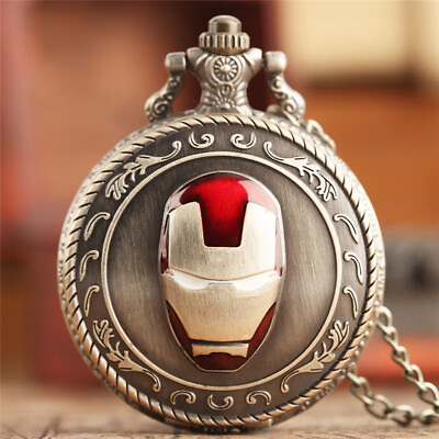 #ad Bronze Iron Man Unisex Kids Quartz Pocket Watch Necklace Chain Full Hunter Gift $4.84