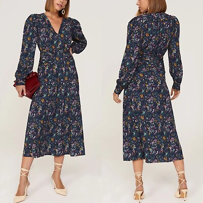 #ad DEREK LAM Midi Dress Womens 42 US 6 Blue Floral Long Sleeve A Line V Neck $64.99