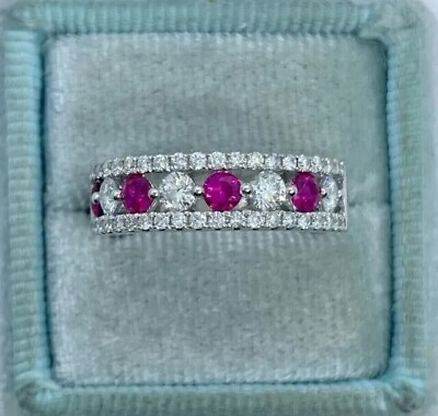 #ad 14K White Gold Plated Round Cut Lab Created Red Ruby Diamond Wedding Band Ring $79.74