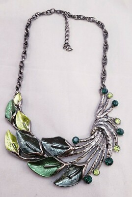 #ad Green Flower Leaf Themed Enameled Rhinestone Bib Statement Necklace $16.00