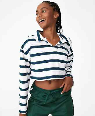 #ad NWT Cotton on Body Women#x27;s Sz S Cropped Cotton Polo Long Sleeves Top Stripes $9.95