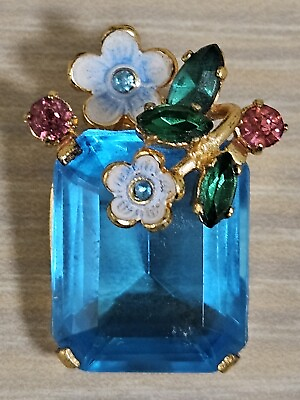 #ad Vintage Czecho Etched Blue Rhinestone Flower Gold Tone Brooch $39.99
