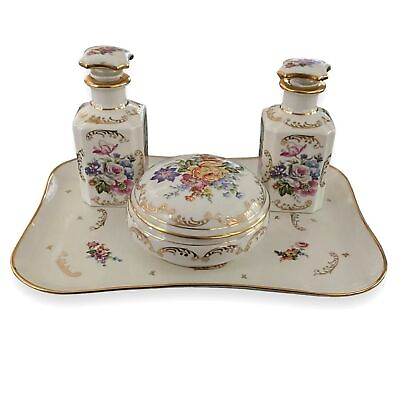 #ad Limoges French France Porcelain Vanity Set Floral Tray Perfume Powder Dresser $135.00