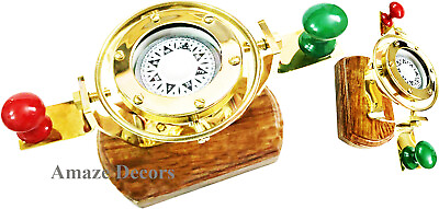 #ad Nautical Maritime Gift Ship Boat Compass Polished Brass Gimbled With Wooden Base $49.59