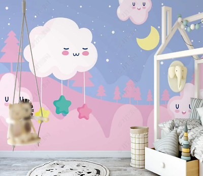 #ad 3D Blue Cloud Moon Cartoon Kids Self adhesive Removeable Wallpaper Wall Mural AU $249.99
