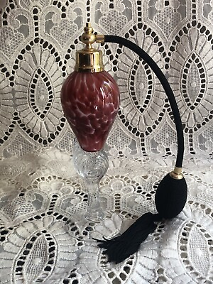 #ad Old Perfume Atomizer Bottle on attached base Red White Multi $39.80