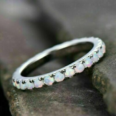 #ad Natural 2.Ct Round Fire Opal Eternity Band Ring 14K White Gold mom gift Plated $170.84