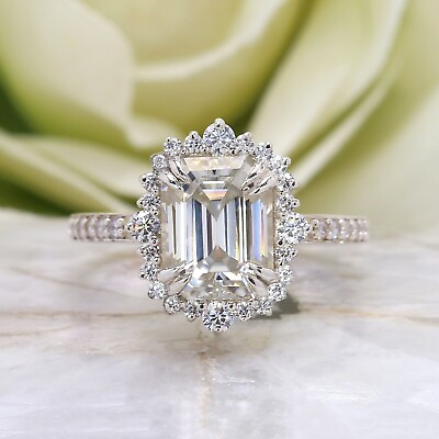 #ad 3 CT Emerald Cut Halo Solid 14K White Gold Moissanite Engagement Ring 4 Her $227.47