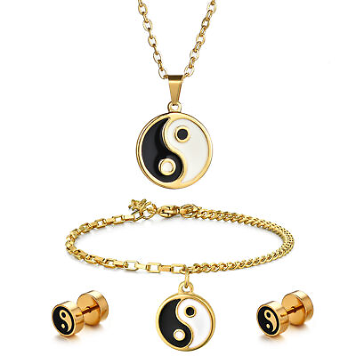 Fashion Jewelry Set Stainless Steel Yingyang Stud Earring Necklace Bracelet Set $12.99