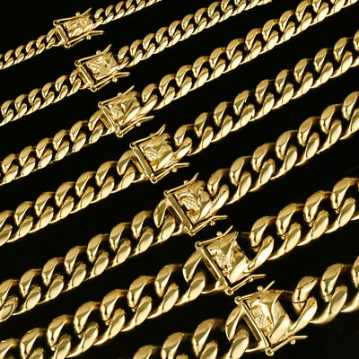 #ad Men#x27;s Miami Cuban Link Bracelet Chain 14K Gold Plated Stainless Steel Necklace $23.24