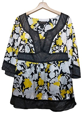 #ad Lane Bryant Top Women 14 16 1X Floral V Neck Blouse Yellow Black Babydoll Kimono $6.44