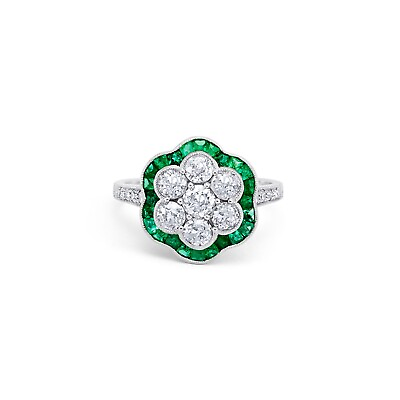 #ad Diamond Emerald Platinum Flower Ring Art Deco Cocktail Handmade Natural 1.60 CTW $3303.48