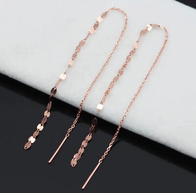 #ad Real Solid Rose Gold Plated Women Lucky Lip Chain Tassels Dangle Earrings Line $8.99