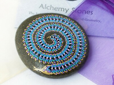 #ad Hand Painted Alchemy Stone w Serpent Spiral Tribal Design Blues Violet Gold $29.50