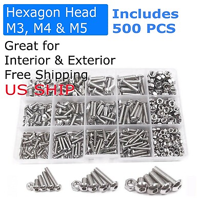 #ad US 500pcs Stainless Steel Hex Socket Cap Head Bolts Screws Nuts M3 M4 M5 304 Kit $15.75