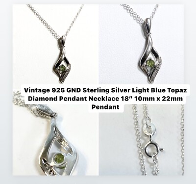 #ad Vintage 925GND Sterling Light Blue Topaz Diamond Pendant Necklace 18” $50.00