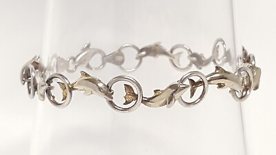 #ad Dolphins Jumping Thru Rings Sterling Bracelet Links 925 Silver Vtg Italy 7.25quot; L $39.00