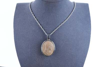 #ad Antique Lava cameo of Greek dess Athena Minerva Sterling pendant necklace $152.25