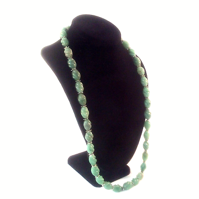 #ad GREEN AGATE NECKLACE 37 OVAL SWIRL BEADS SILVER SPACERS METAL RING CLASP KNOTTED $44.99