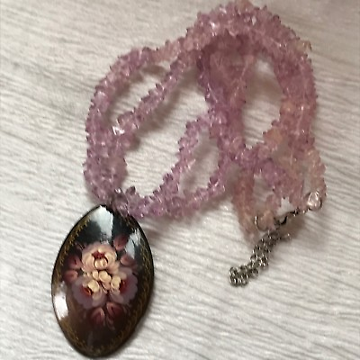 #ad Estate Double Strand Faux Amethyst Nugget with Russian Floral Painted Oval Wood $13.49