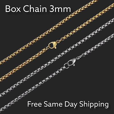 18k Gold Plated Stainless Steel Box Chain Necklace 3mm Unisex Hip Hop Jewelry $4.99