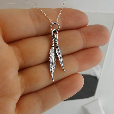 Double Feathers Necklace 925 Sterling Silver Pendant Feather Bird Gift NEW $19.00