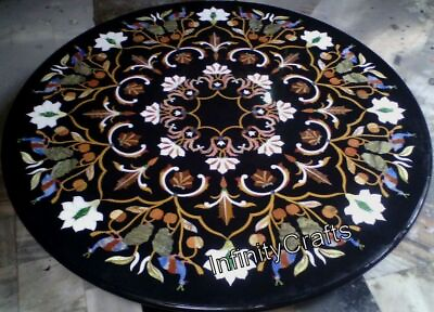 #ad Round Black Marble Dining Table Top Beautiful Pattern Inlay Wok Garden Table $5536.90