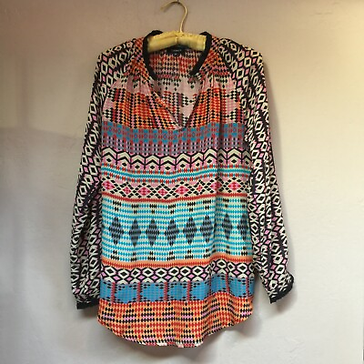 #ad Tolani Women Geometric Silk Top Blouse XS Multicolor Split Neck Long Sleeve $28.39