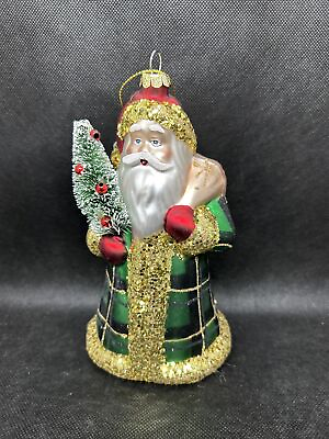 #ad Raz Imports Tartan Plaid Green Glass Santa Christmas Ornament Bottle Brush Tree $10.99