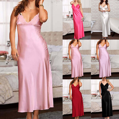 #ad US Women Long Silk Satin Dress Sleepwear Lingerie Sexy Ladies Nightie Nightdress $12.13